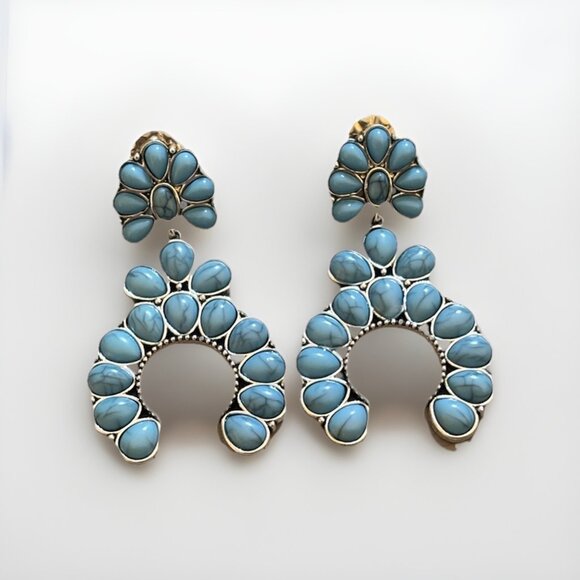 Oversized Turquoise Squash Blossom Earrings – Western Statement Jewelry - Picture 2 of 4